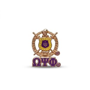 Omega Psi Phi Shield Lapel pin with letters.